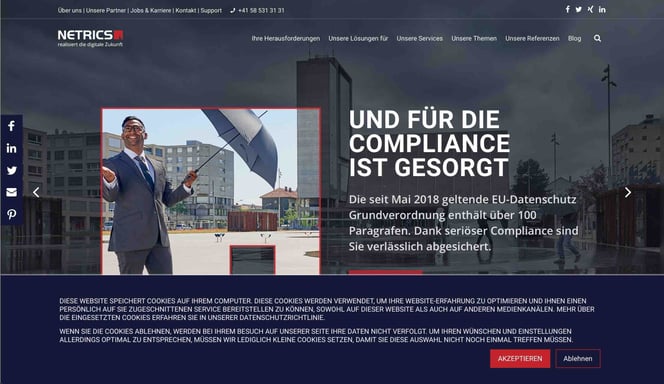 netrics Homepage Cookie Window for GDPR Compliance